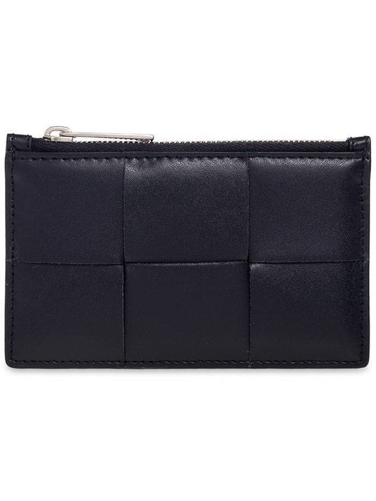 Bottega Veneta Intrecciato Leather Silver Zipper Card Wallet Navy
