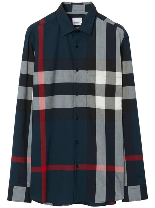 Burberry Check Motif Cotton Long Sleeve Shirt Navy