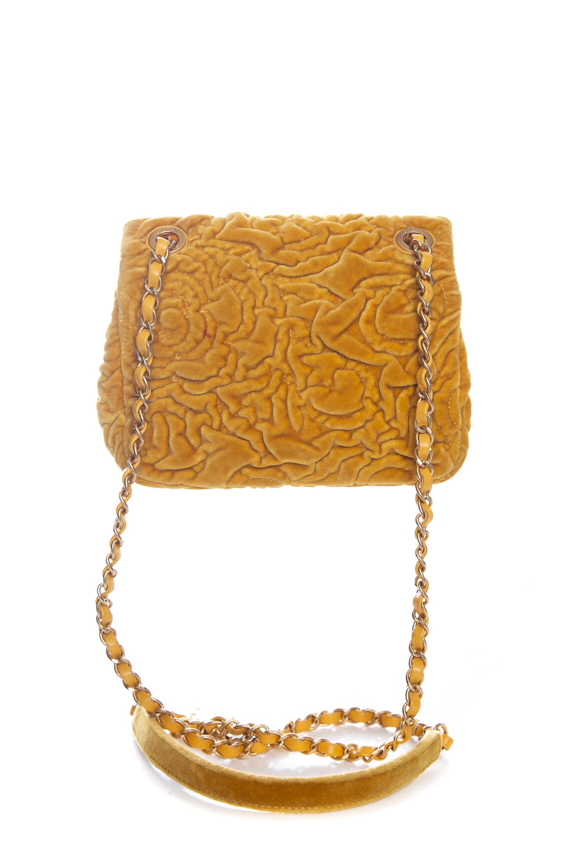 Chanel 2021 Yellow Velvet Camellia Mini Flap Handbag