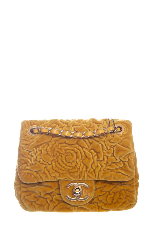 Chanel 2021 Yellow Velvet Camellia Mini Flap Handbag