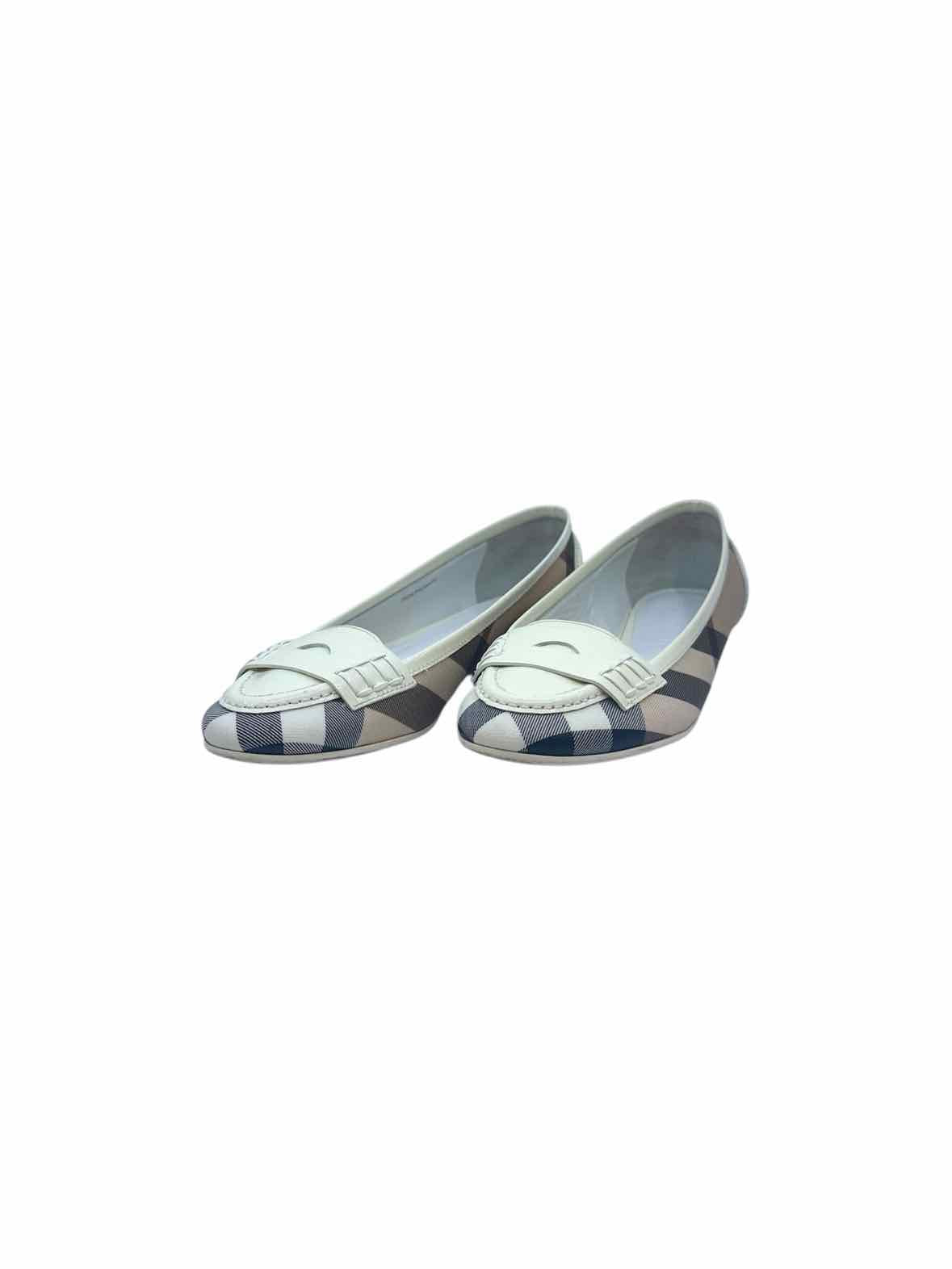 BURBERRY Size 9 White, Beige Coated canvas Patent Leather Plaid Flats