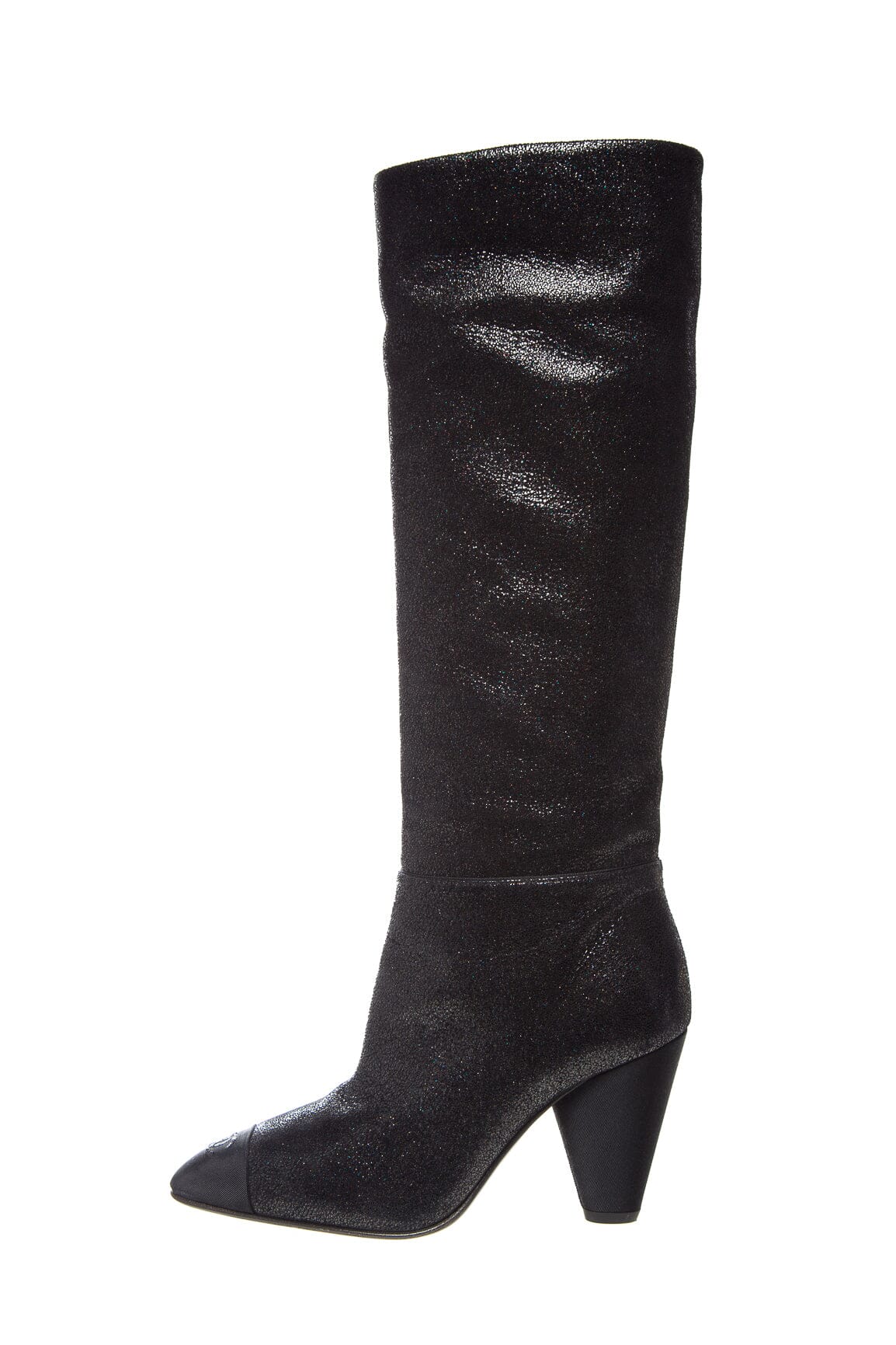 Chanel Black Glitter Knee High Heel Boots SZ 37