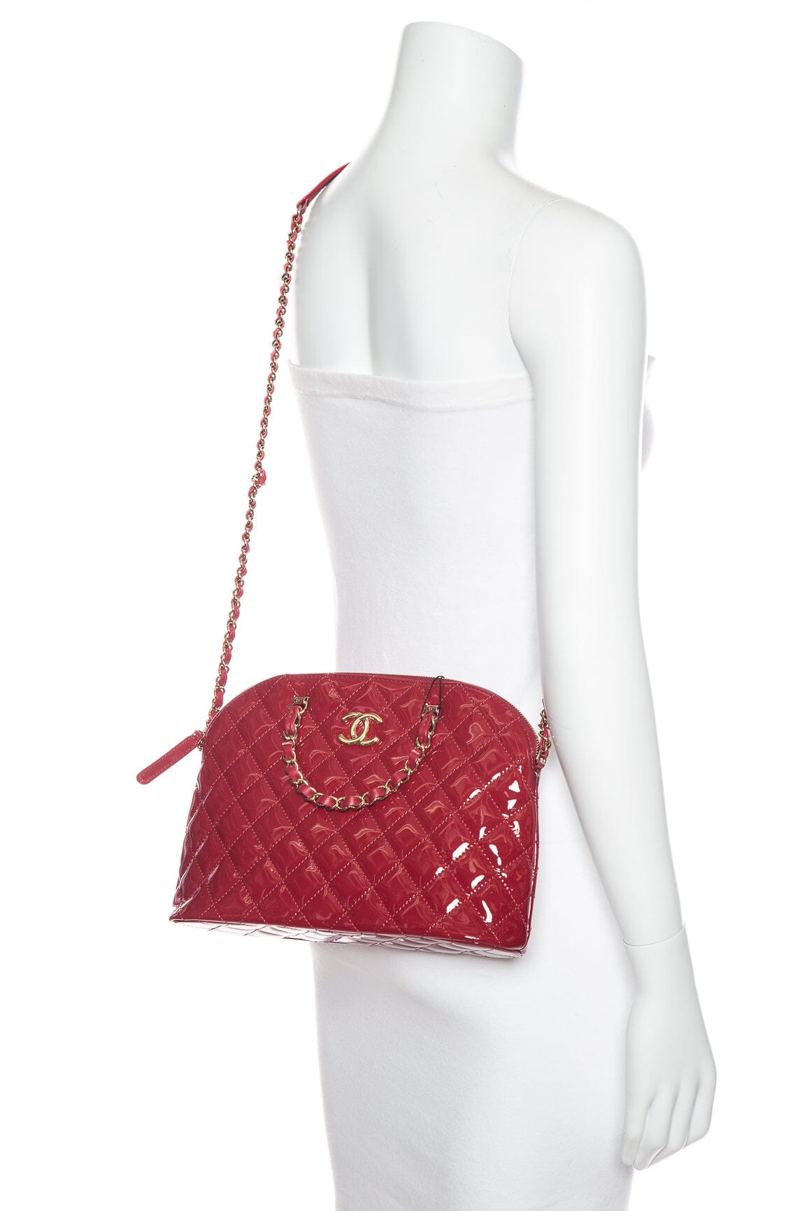 Chanel Red Patent Quilted Small Shopping Handbag