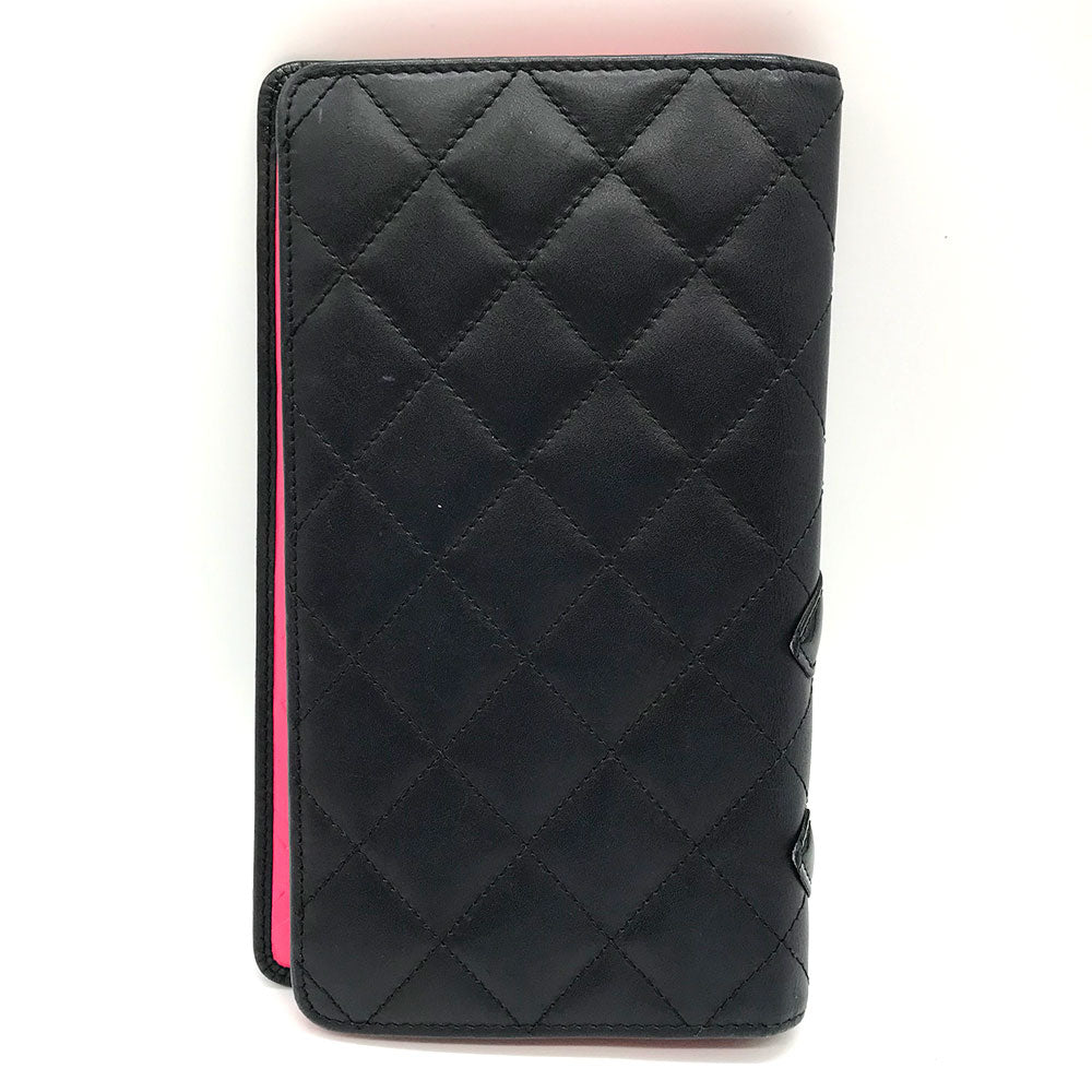 Chanel Cambon Bifold Long Wallet Black Pink Leather