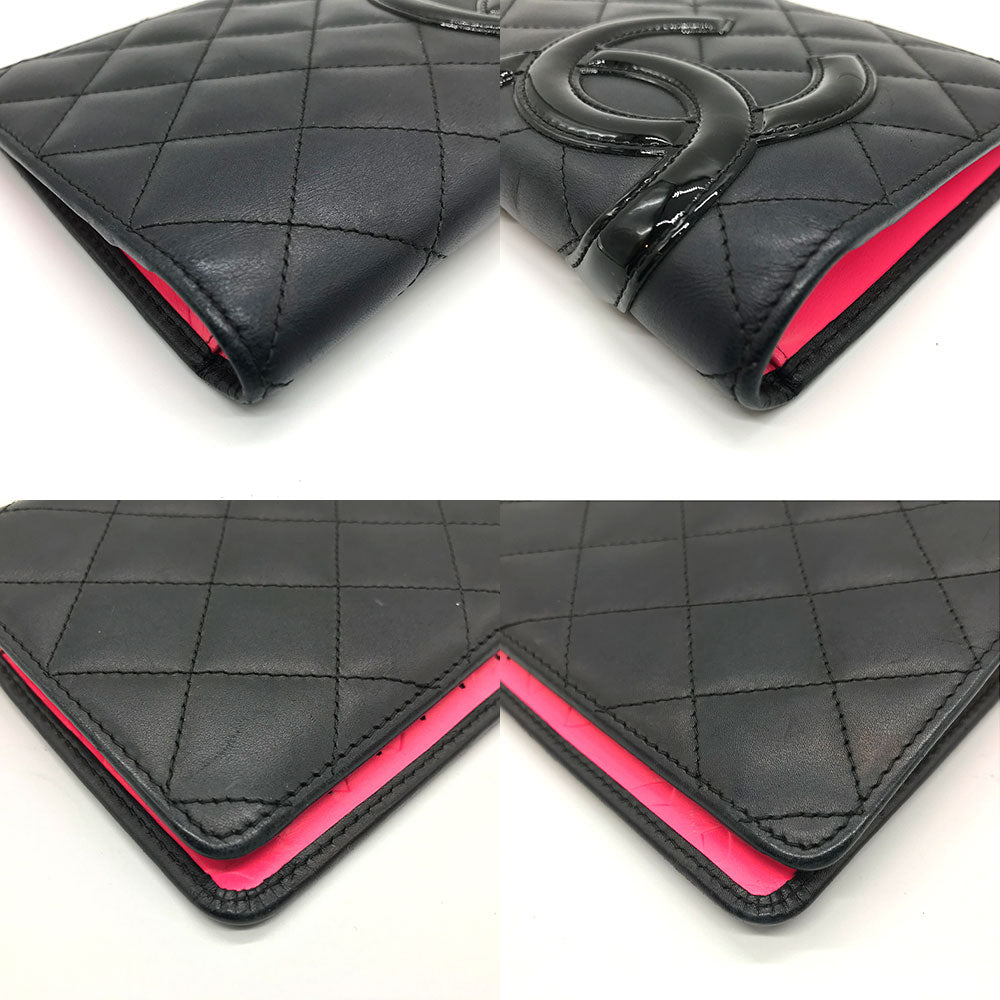 Chanel Cambon Bifold Long Wallet Black Pink Leather