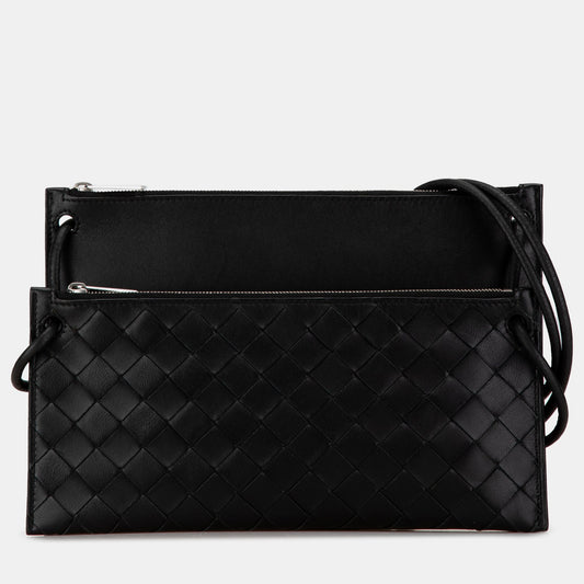 Bottega Veneta Black Leather Intrecciato Double Pouch Bag