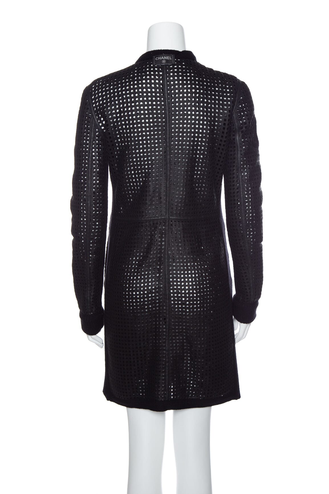Chanel Black Perforated Leather and Knit Long Line Reversible Coat SZ N/A