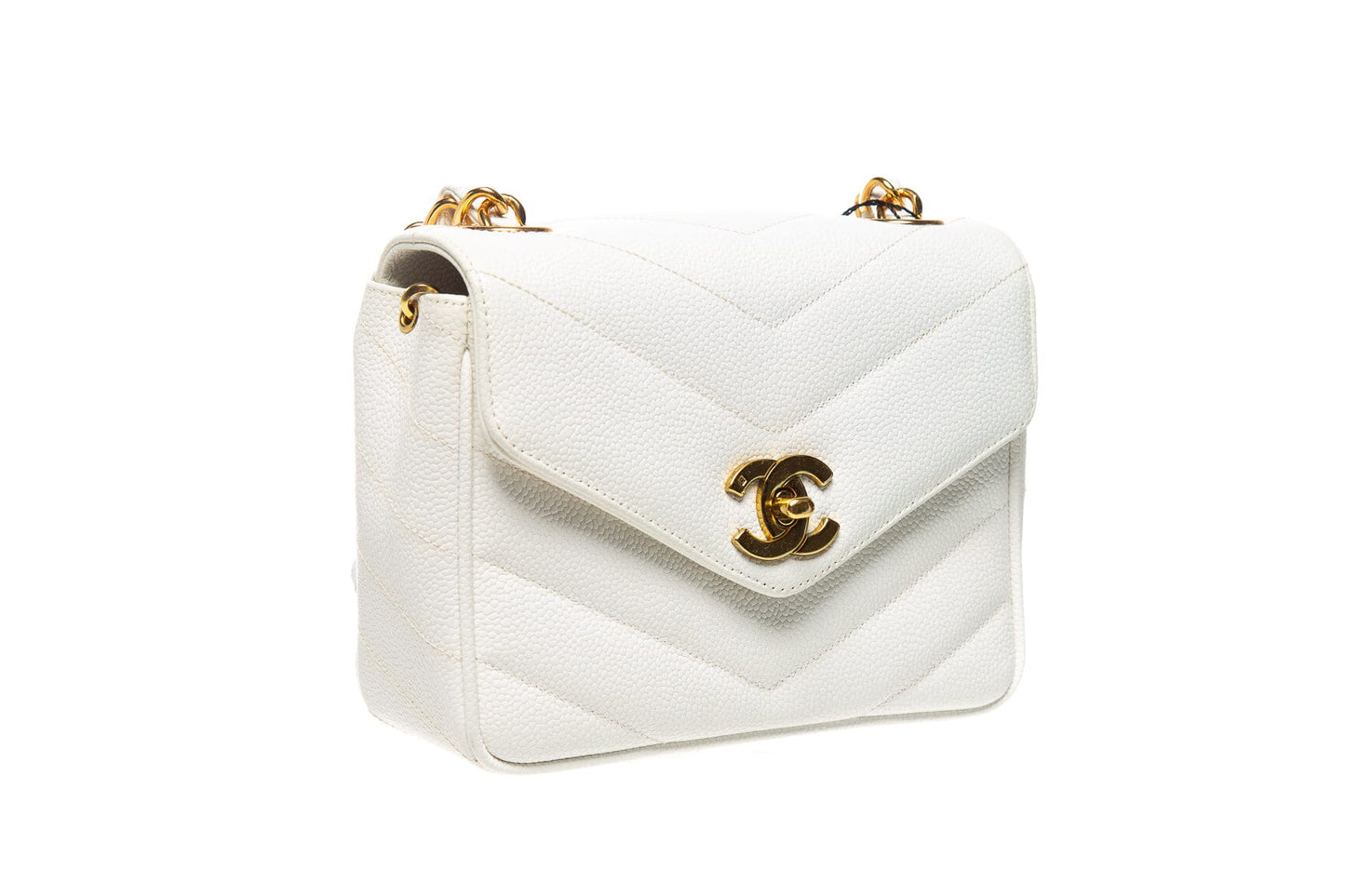 Chanel Vintage White Chevron Caviar Leather Turn Lock Shoulder Bag