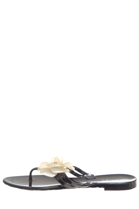 Chanel Black Jelly Camellia Thong Sandals SZ 38