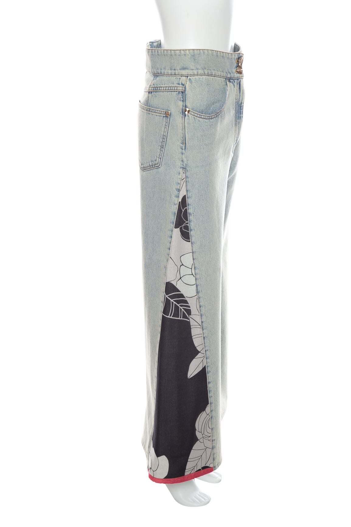 Chanel 2021 Light Wash Interlocking CC and Camellia Print Wide Leg Jeans SZ 38