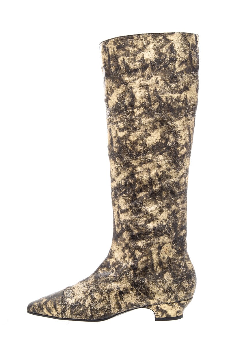 Chanel Gold & Black Leather Knee High Boots SZ 40