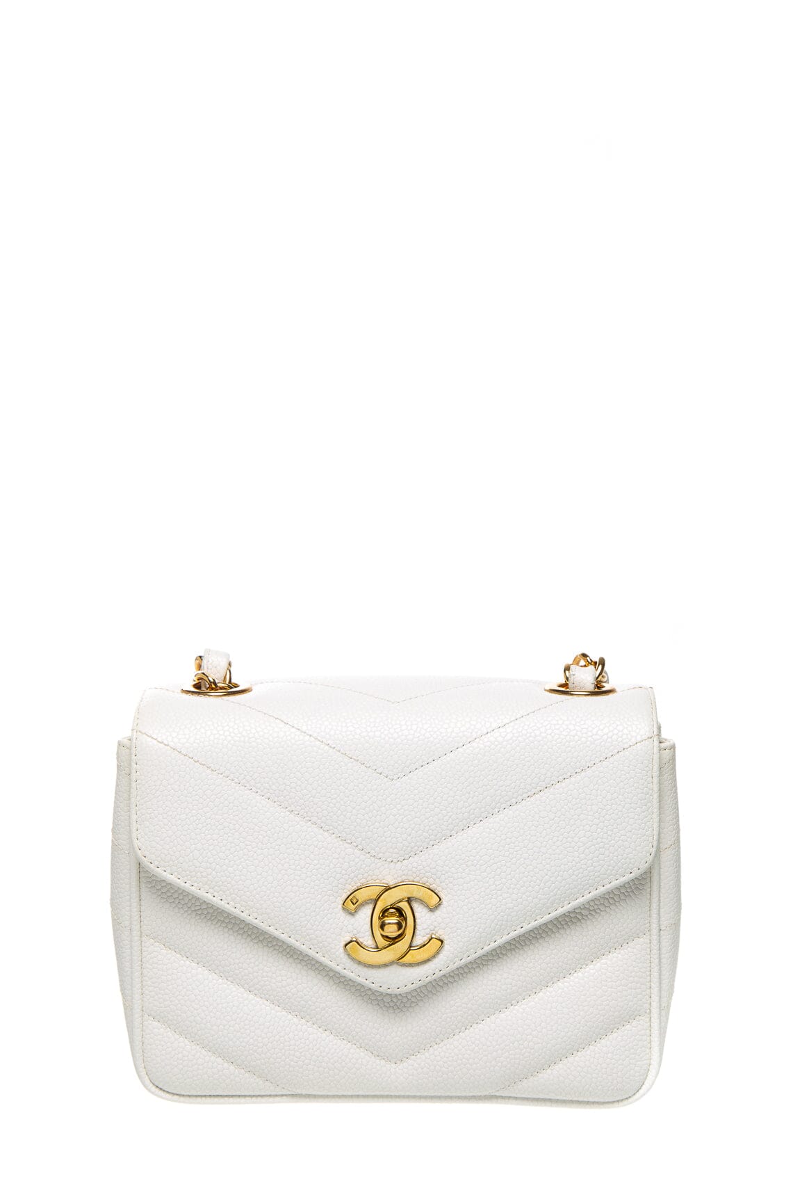 Chanel Vintage White Chevron Caviar Leather Turn Lock Shoulder Bag