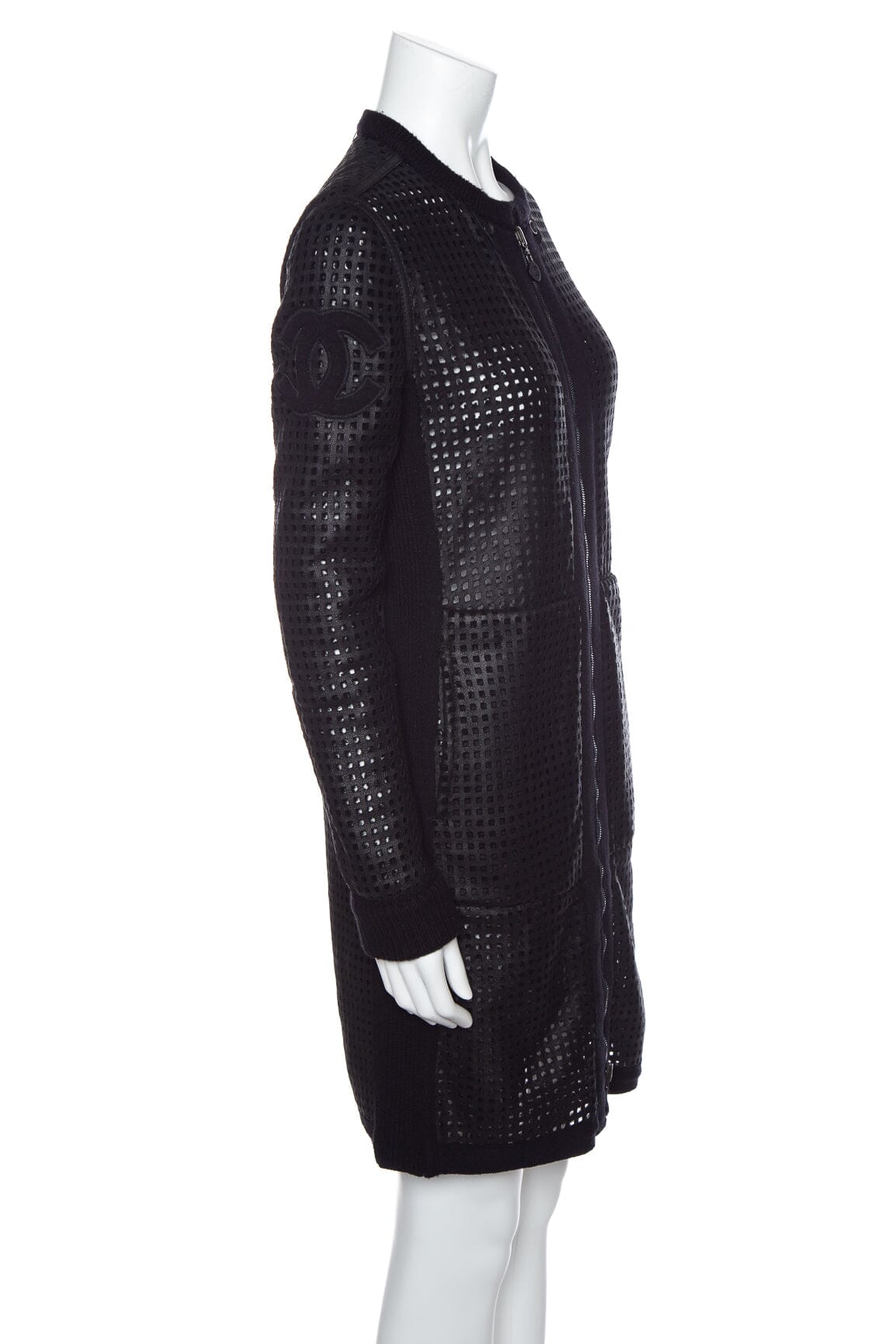 Chanel Black Perforated Leather and Knit Long Line Reversible Coat SZ N/A