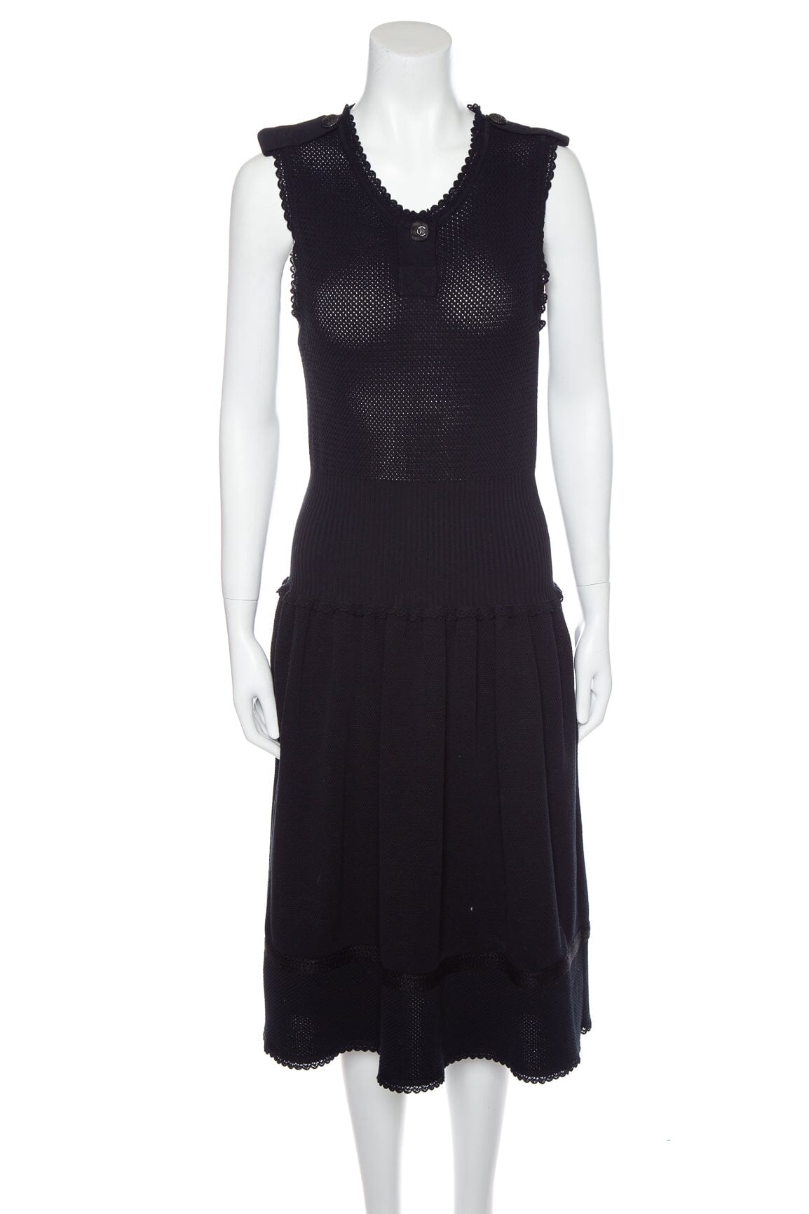 Chanel Black Knit Sleeveless Scallop Hem Dress SZ 38