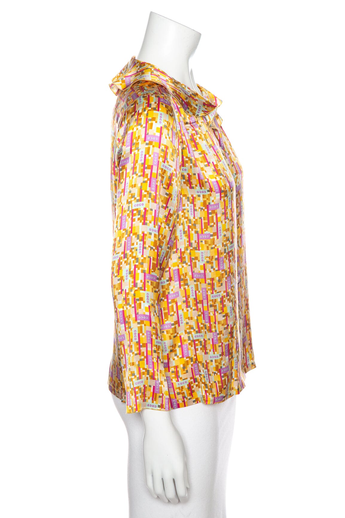 Chanel Yellow Multi "Coco"  S/S Button Up Blouse SZ 40