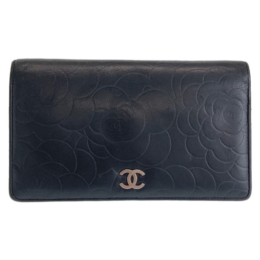 Chanel Camellia Lambskin Long Wallet Black