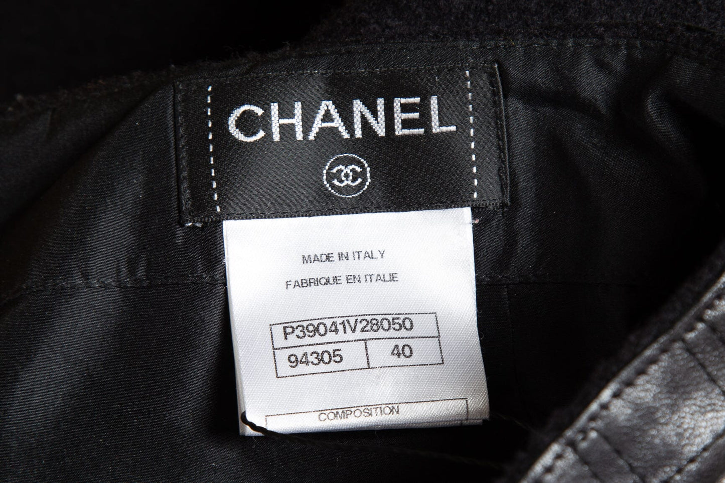 Chanel Black Wool and Lambskin Leather Skirt SZ 40