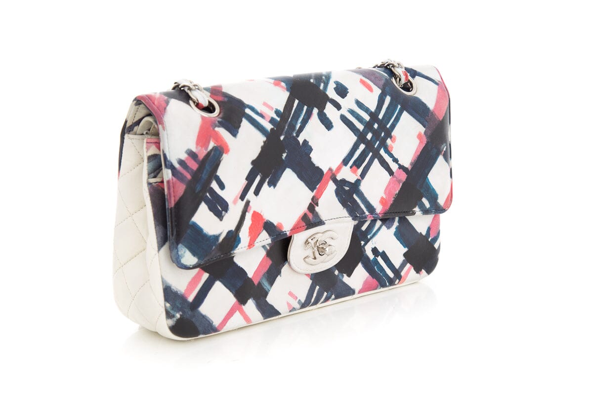 Chanel 2016 Blue and White Painted Print Lambskin Airline Classic Double Flap