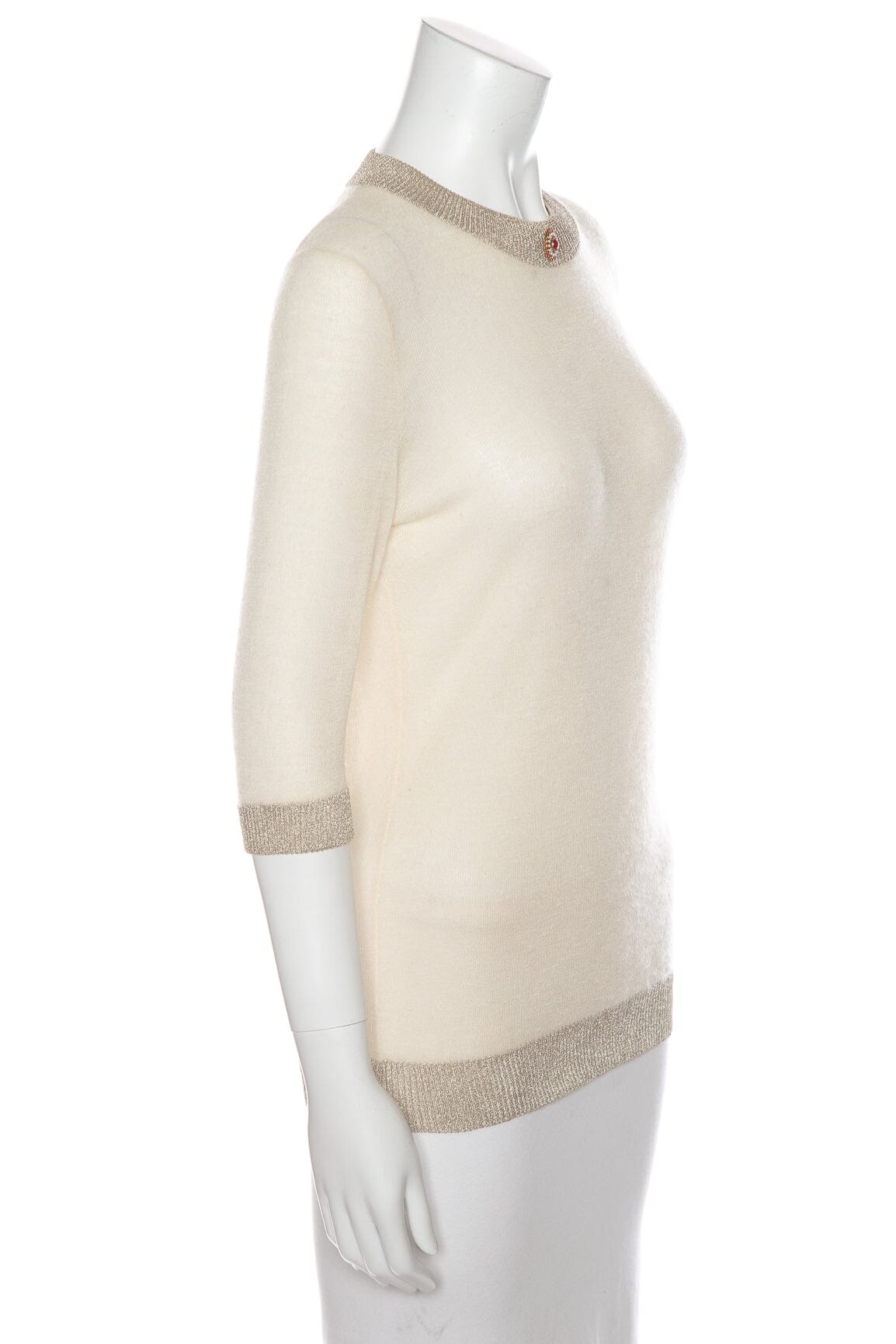 Chanel Vintage Spring 1996 Cream Cashmere Silver Tone Trim Sweater SZ 38