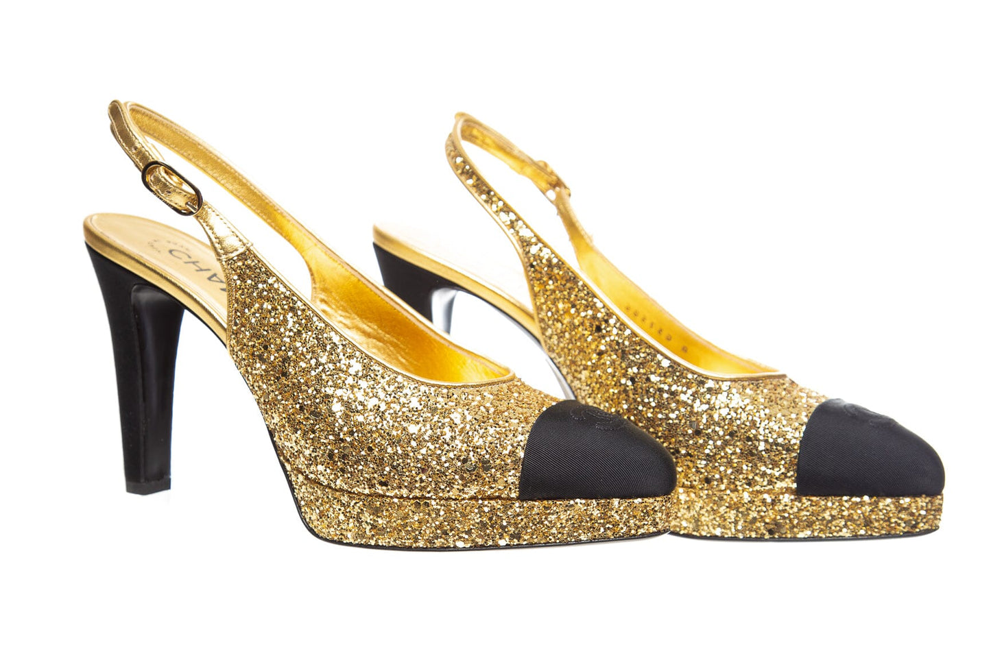 Chanel Gold Glitter CC Toe Heels SZ 40.5