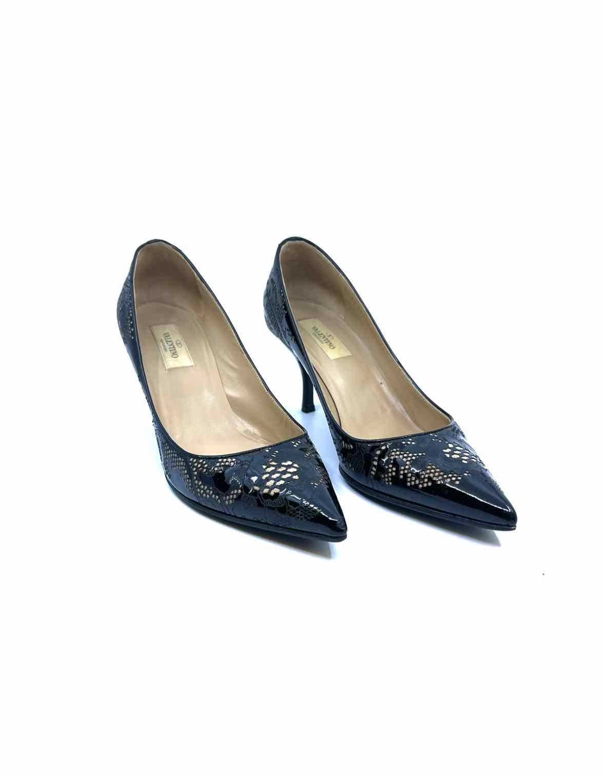 VALENTINO Size 9 Black, beige Patent Leather Floral Pumps