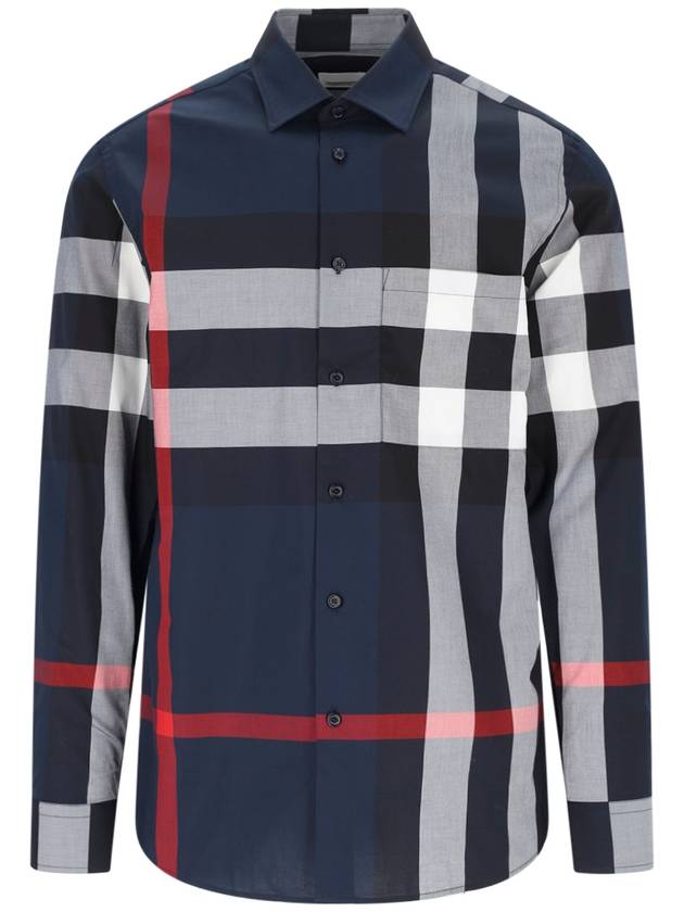 Burberry Check Motif Cotton Long Sleeve Shirt Navy