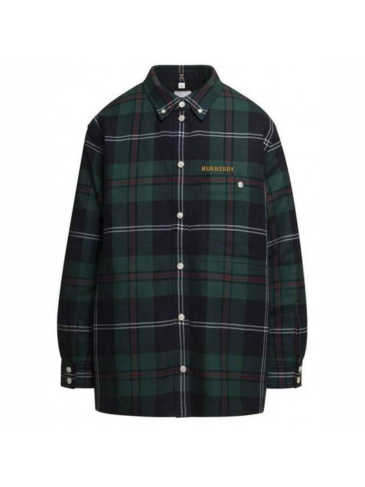 Burberry Women's Logo Embroidered Check Wool Overshirt Jacket Dark Green