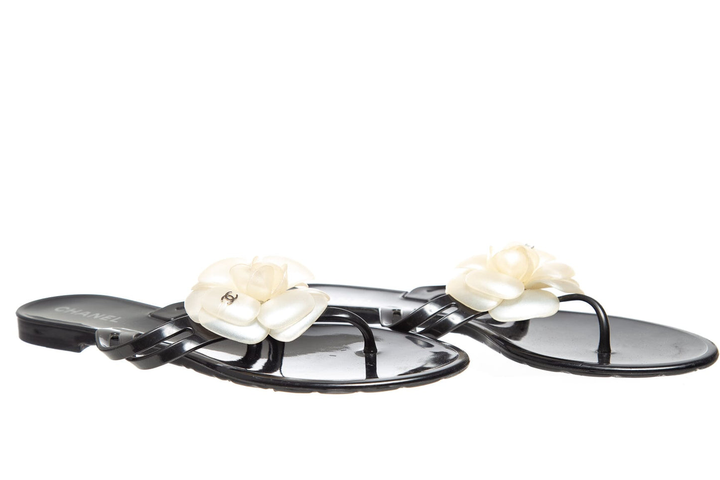 Chanel Black Jelly Camellia Thong Sandals SZ 38