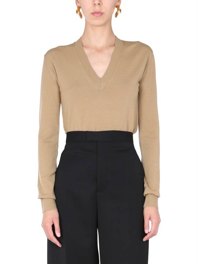 Bottega Veneta Wool V-neck Stretch Knit Brown