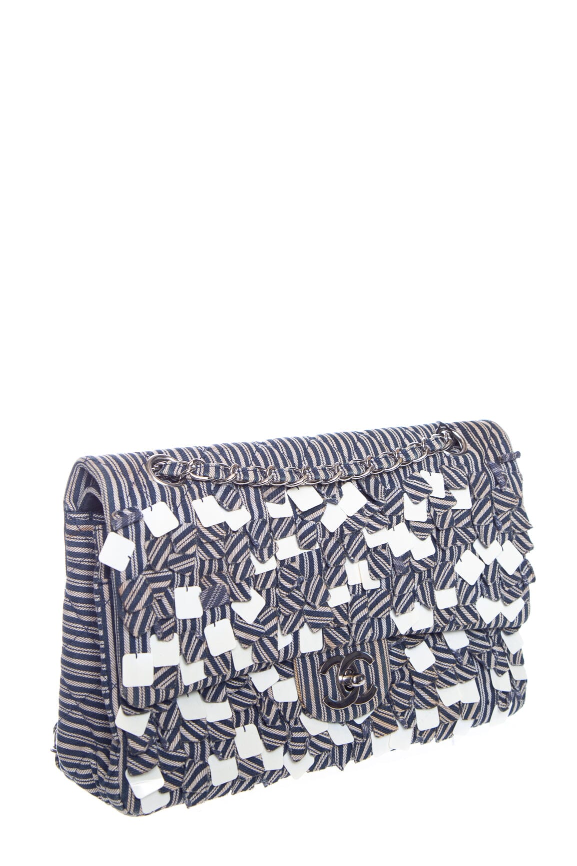 Chanel 2006/08 Navy and White Double Flap Striped Sequin Handbag