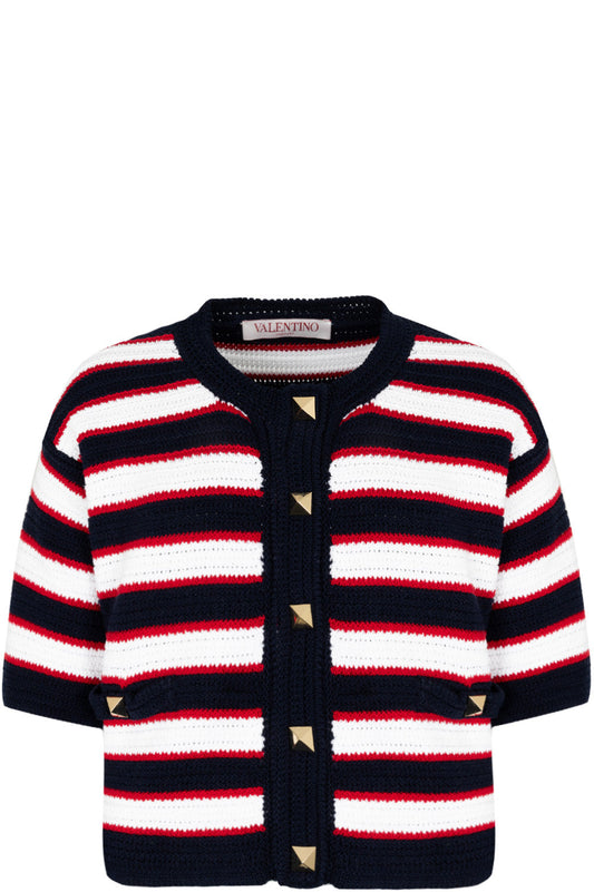 VALENTINO Roman Stud Knit Cardigan Striped Navy White Red