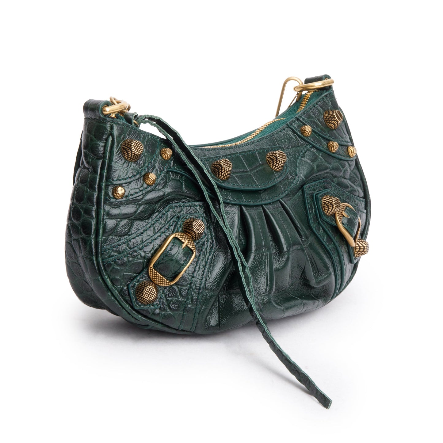 Balenciaga Green Crocodile Embossed Leather Mini Le Cagole Crossbody with Chain