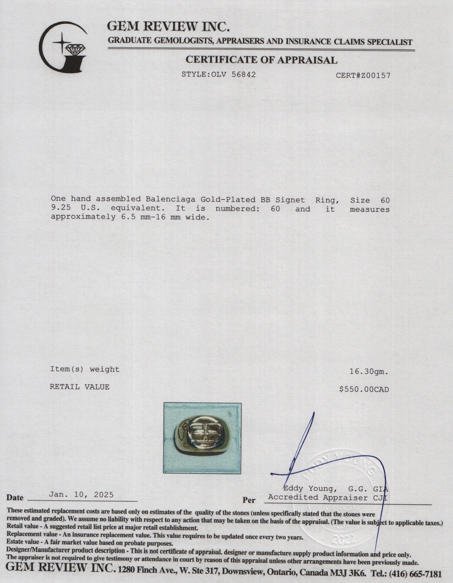 Balenciaga Gold-Plated BB Signet Ring, Size 60 9.25