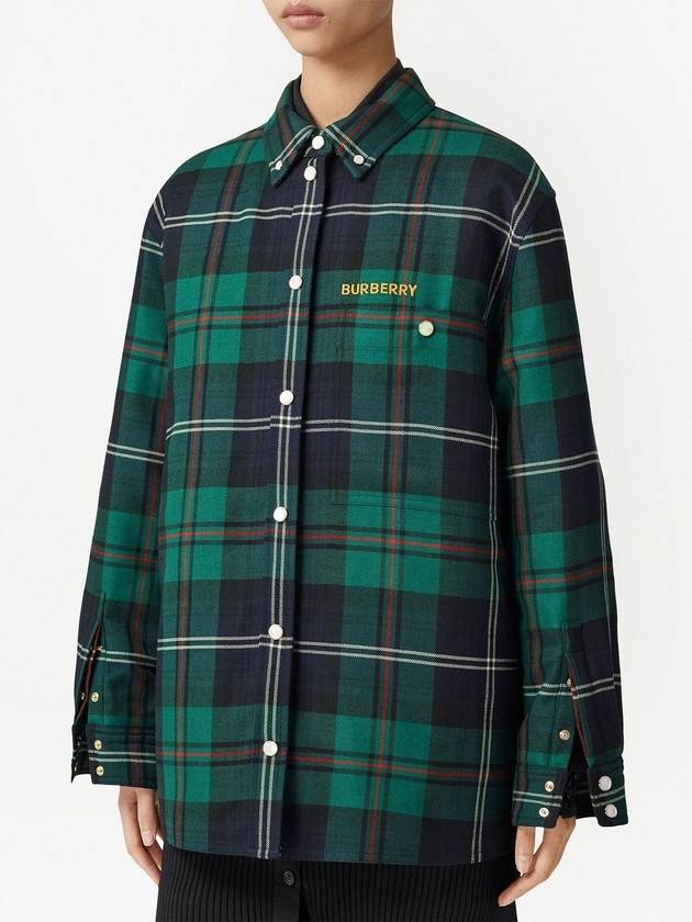 Burberry Women's Logo Embroidered Check Wool Overshirt Jacket Dark Green