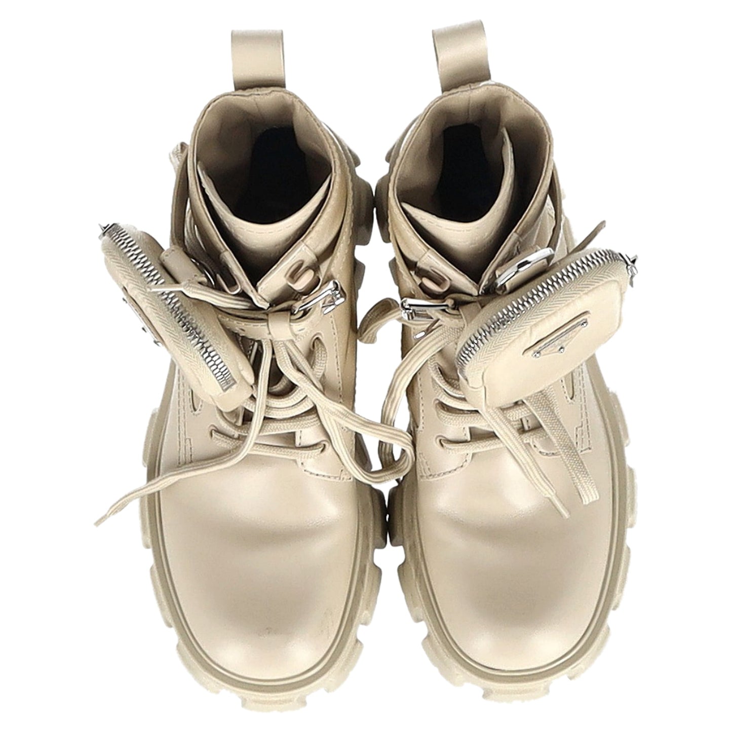 Prada Monolith Pouch-Detail Boots in Beige Leather