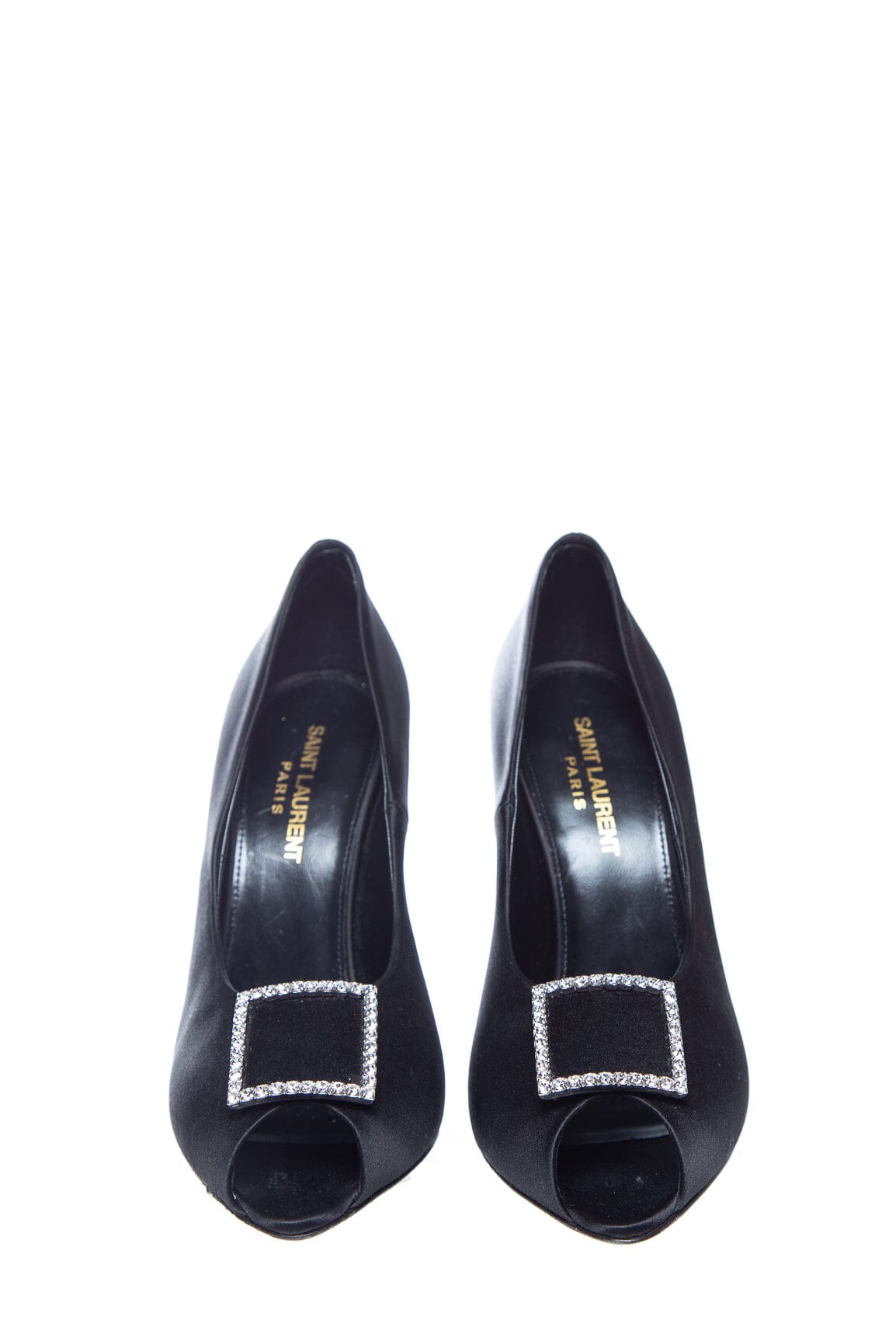 Saint Laurent Black Satin Peep Toe Heels SZ 38.5