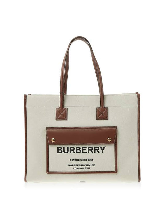 Burberry Medium Two-Tone Canvas and Leather Freya Tote Bag Natural Tan