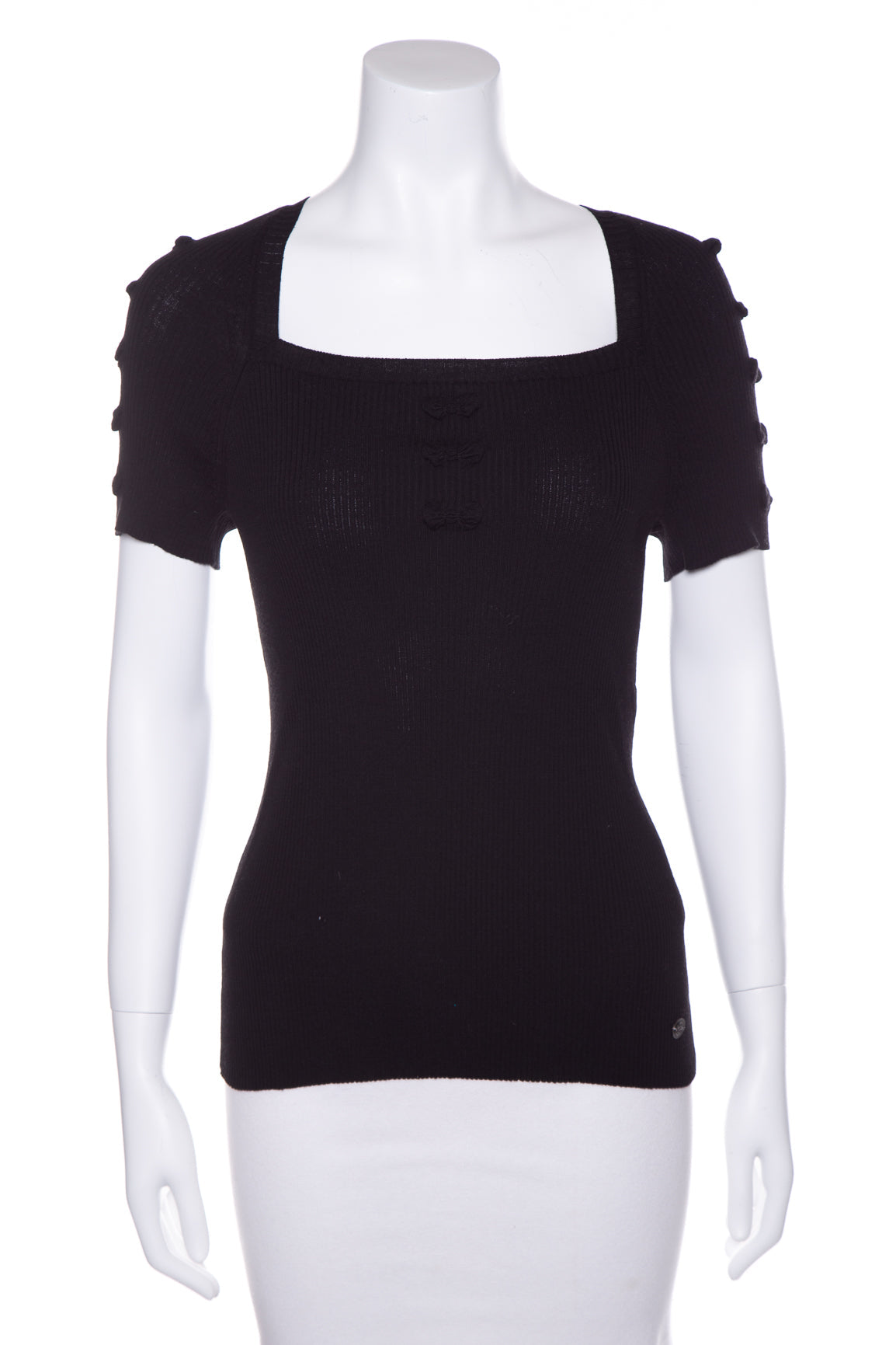 Chanel Black Ribbed Short Sleeve Sweater SZ 42 NWT