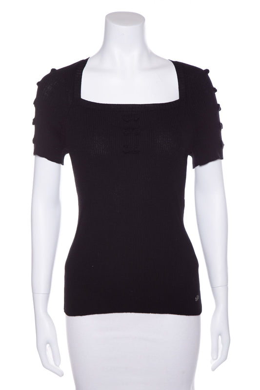 Chanel Black Ribbed Short Sleeve Sweater SZ 42 NWT