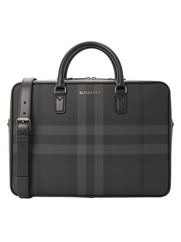 Burberry Check Print Leather Brief Case Charcoal
