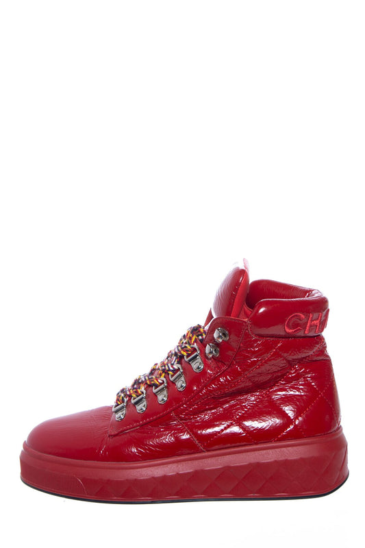 Chanel Red Patent Leather Quilted High Top Sneakers SZ 35.5