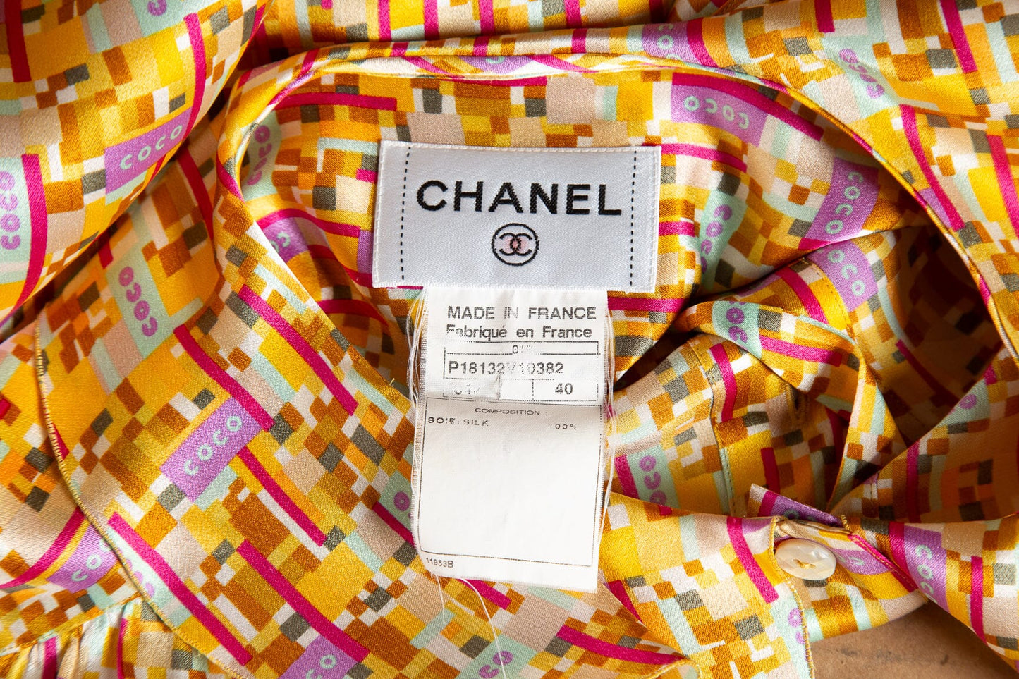 Chanel Yellow Multi "Coco"  S/S Button Up Blouse SZ 40