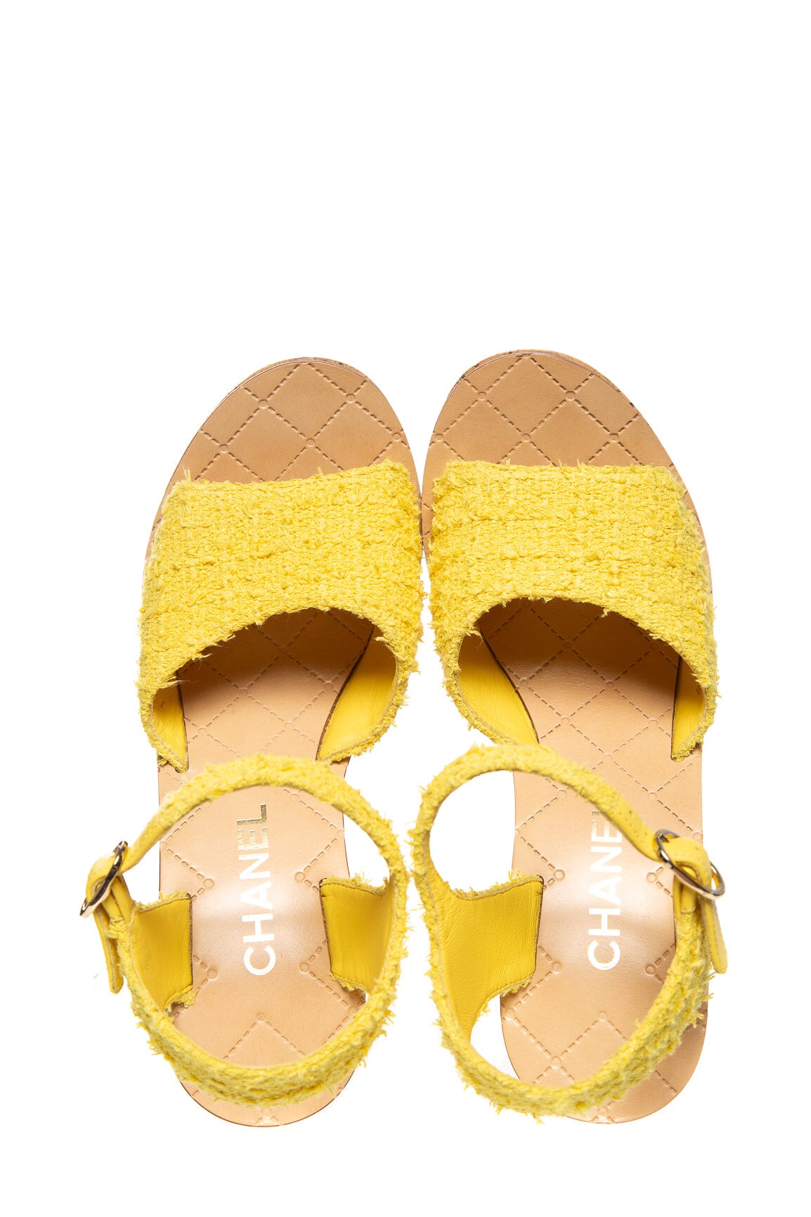 Chanel Yellow Tweed Wedge Ankle Strap Platforms SZ 39