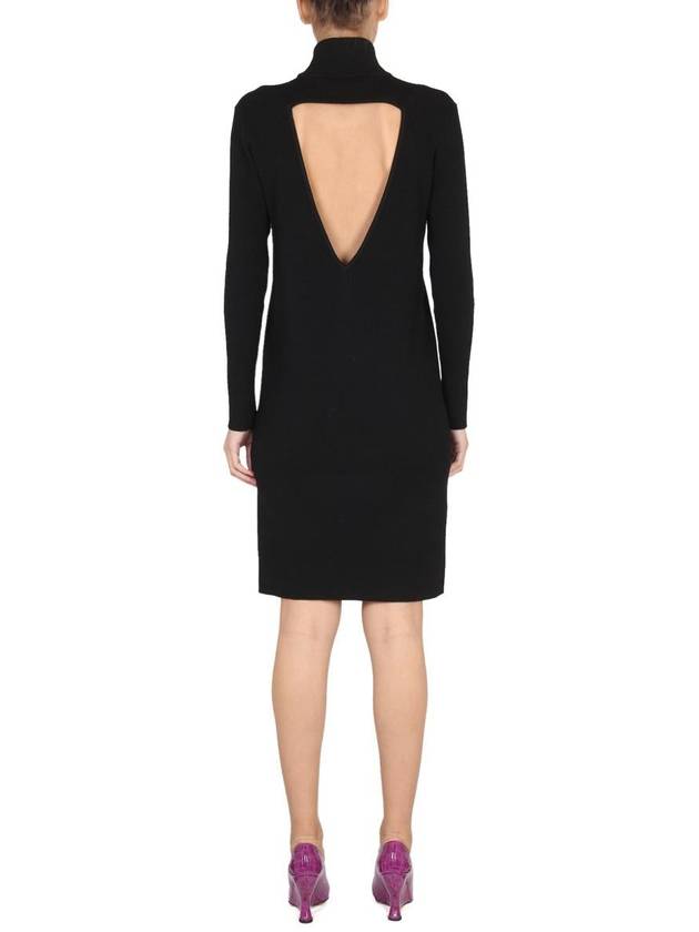 Bottega Veneta Cut Out Detail High Neck Wool Midi Dress Black