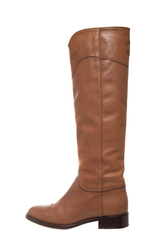 Chanel Brown Leather Knee High Riding Boots SZ 38.5
