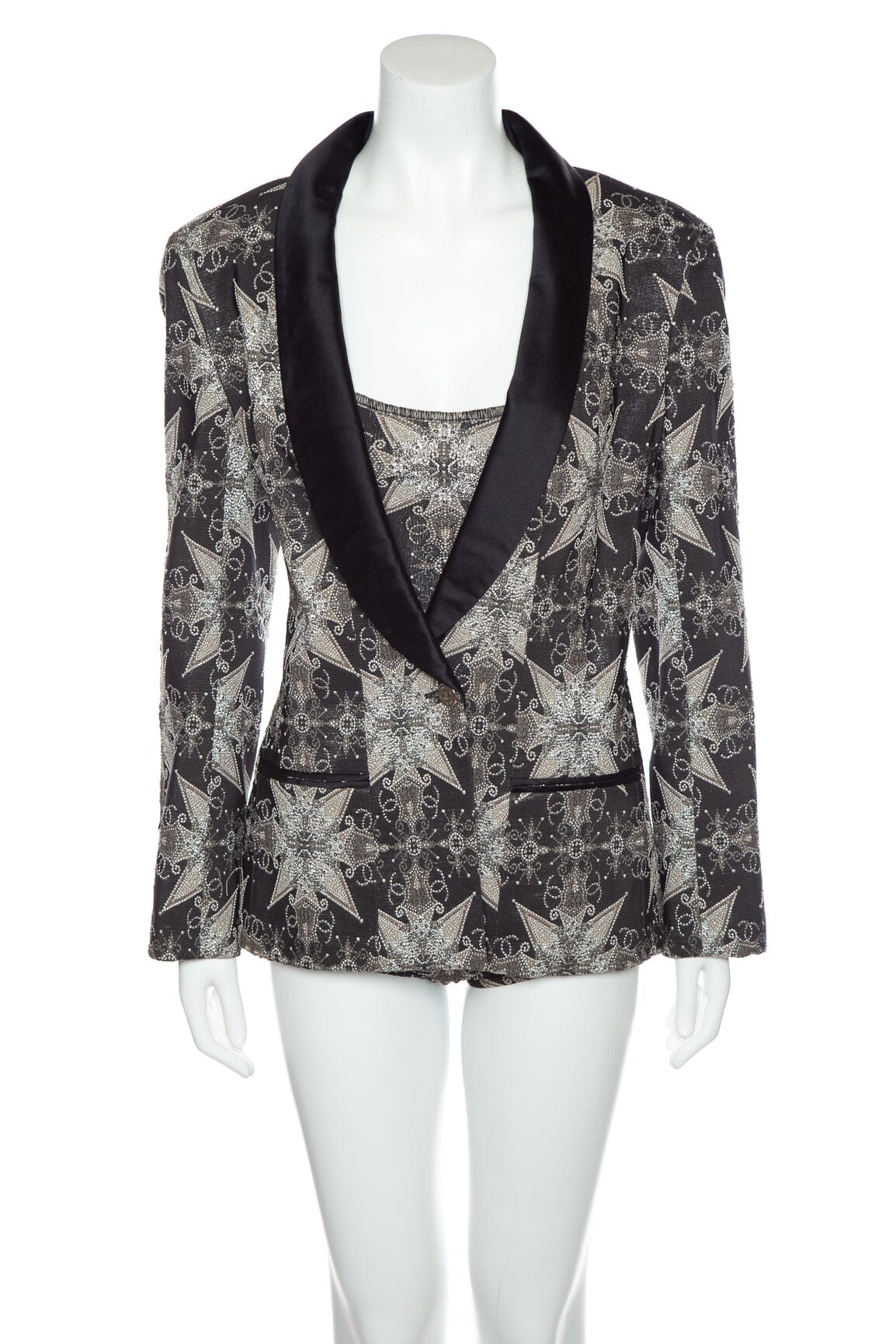 Chanel 2006 Spring Paris Black and Silver Embellished 2pc Set SZ 42/44