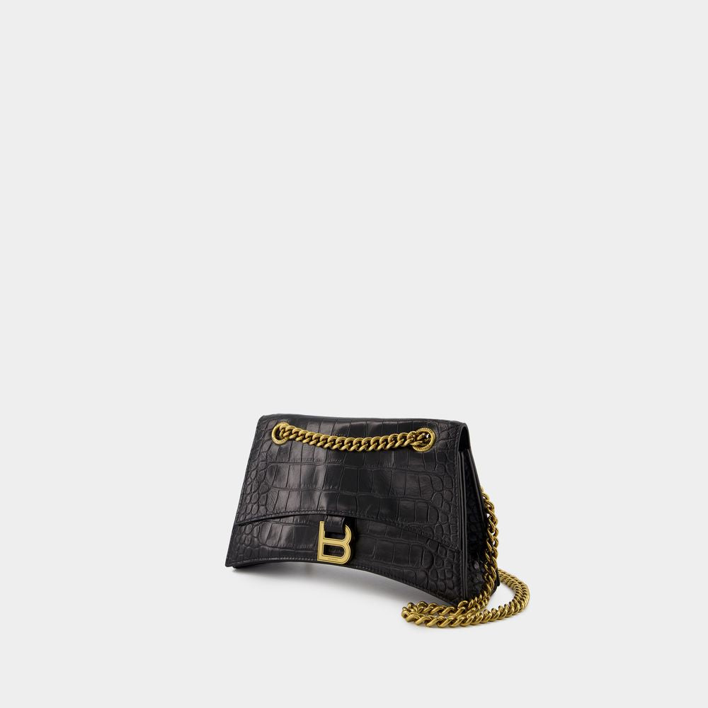 BALENCIAGA Mini Crocodile-Embossed Leather Shoulder Bag with Chain Strap