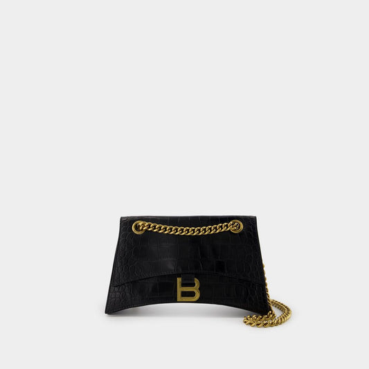 BALENCIAGA Mini Crocodile-Embossed Leather Shoulder Bag with Chain Strap
