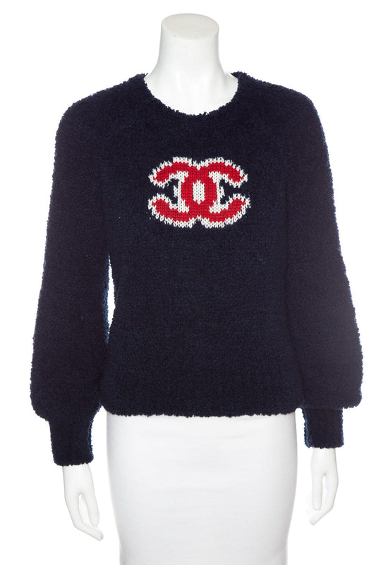 Chanel 2019 Navy and Red Interlocking CC Logo Sweater SZ 34
