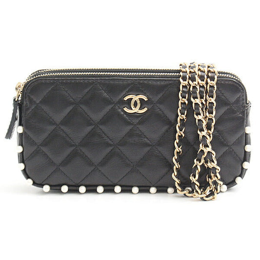 Chanel Matelasse Pearl Chain Wallet Shoulder Bag Black